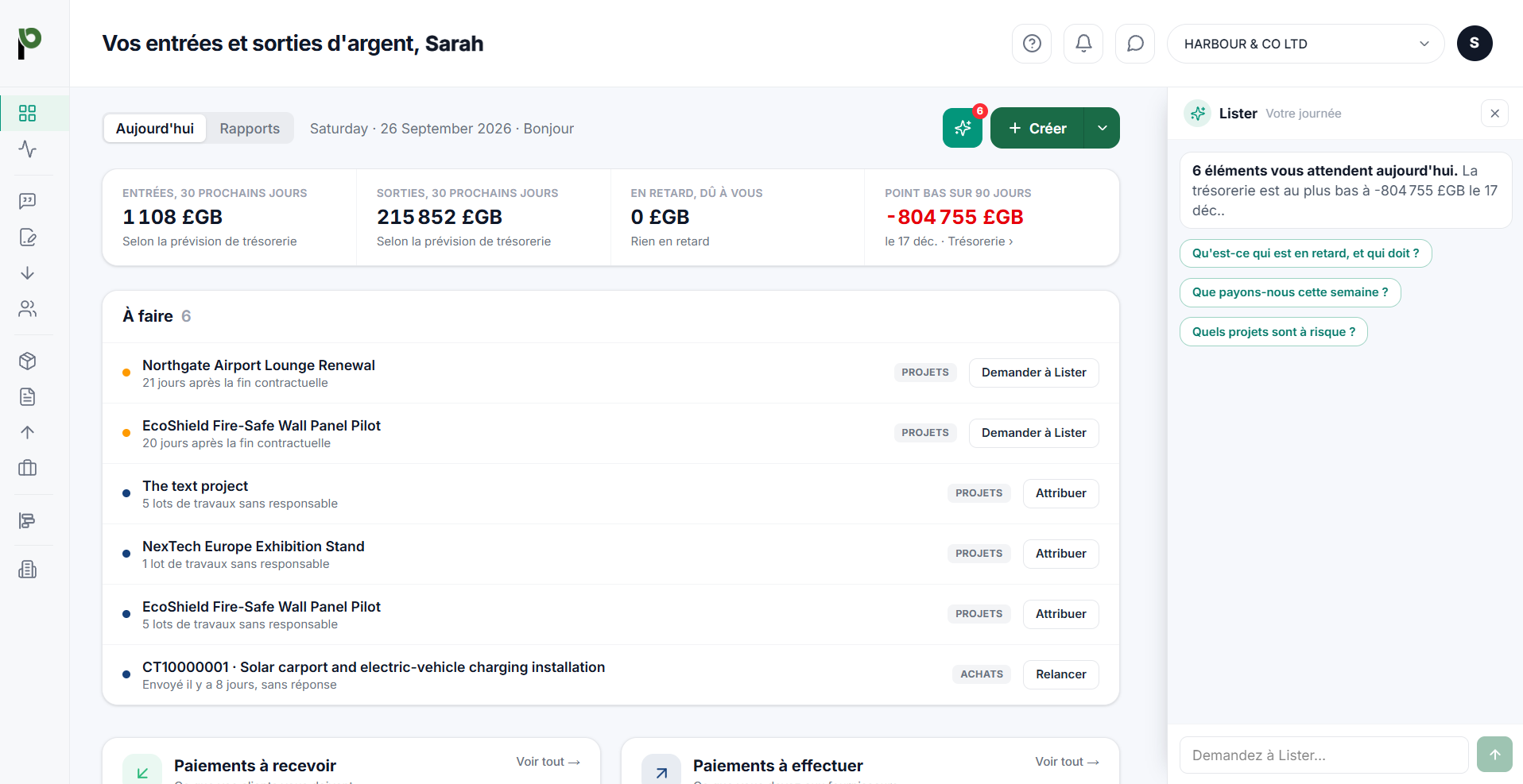 Tableau de bord Paylists avec le panneau Lister ouvert